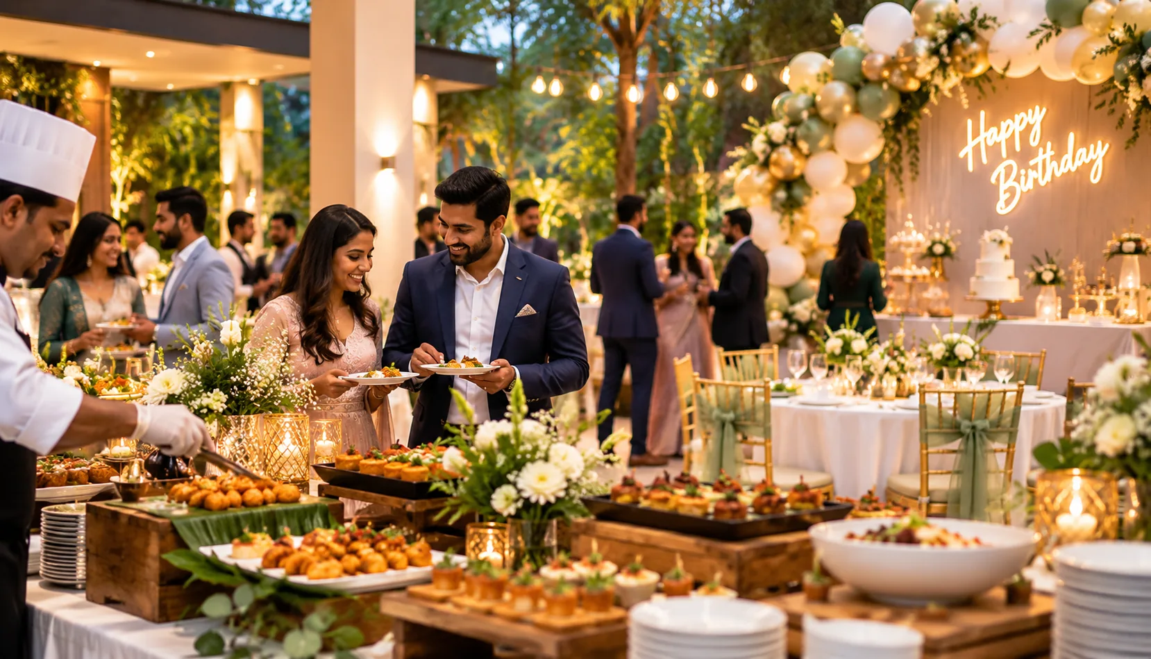 Chef serving guests at a birthday celebration